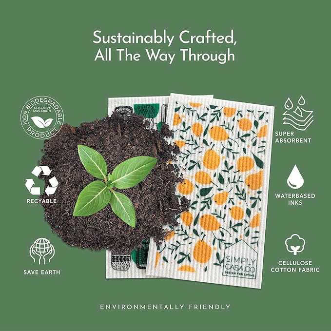 SIMPLYCASA Long 5‑Pack Swedish Dishcloths – Reusable, Cellulose Sponge Dish Cloths for Washing Dishes, Paper Towel Replacement, Plastic-Free Packaging, Super Absorbent