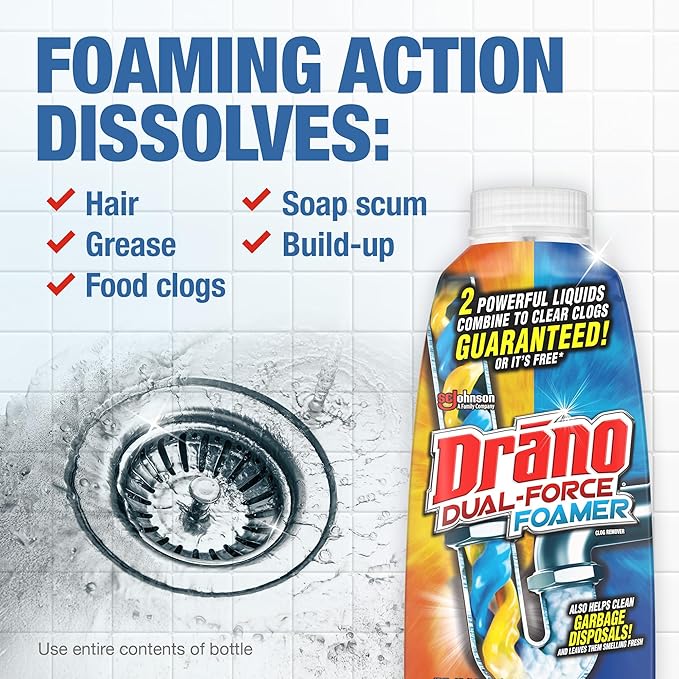 Drano Dual-Force Foamer Drain Clog Remover and Cleaner for Shower or Sink Drains, Unclogs and Removes Sources of Odor, 17 Fl Oz