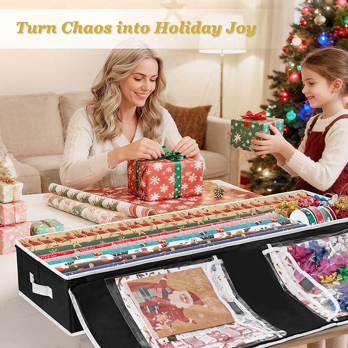 Criusia Gift Wrapping Paper Organizer Storage, Durable Underbed Storage Container Fits 24 Rolls, with Removable Dividers and Pockets for Ribbon, Ornaments, Holiday Accessories, Black