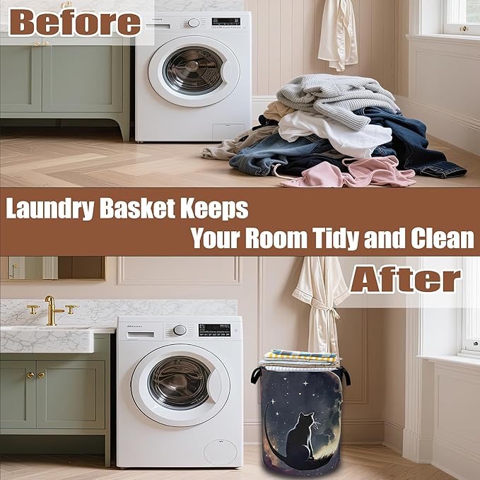 Black Cat Laundry Hamper,Moon Night Collapsible Laundry Baskets Waterproof Oxford Cloth With Handles,Clothes Storage Bucket Toy Organizer For Bathroom/Nursery/Bedroom 16" x 20.8"
