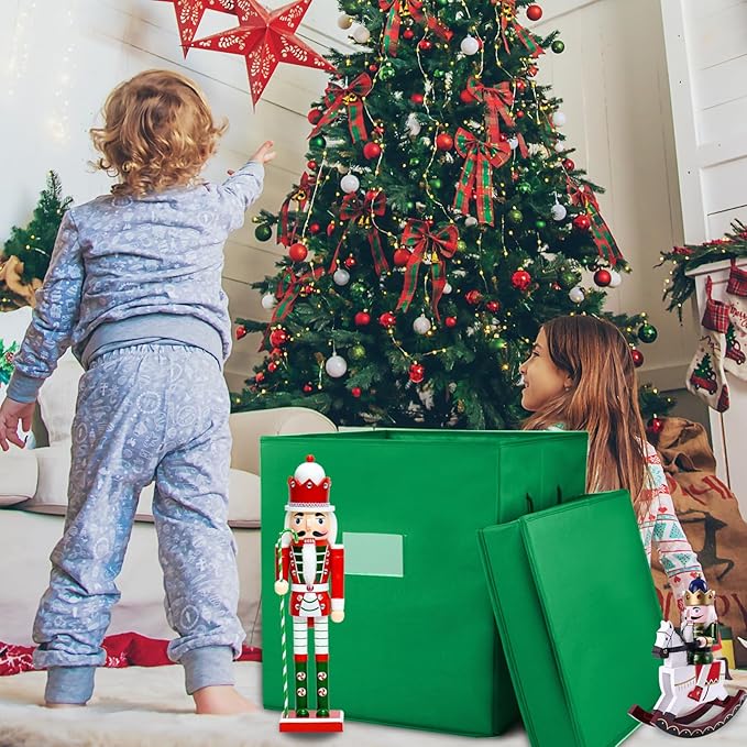 Christmas Nutcracker and Figurine Collectible Storage Box, Fits 16 Holiday Ornaments, Stores Up to 16" Tall Ornaments, Holiday Decor Organizer with Dividers, Nutcracker not Included(Green)