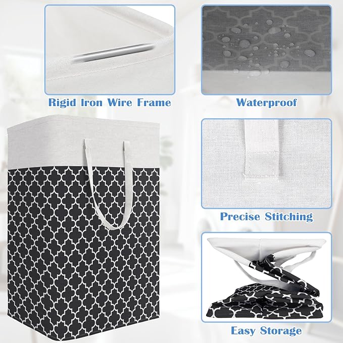 BlissTotes 3-Pack Laundry Basket, Freestanding＆Waterproof Laundry Hamper, Collapsible Tall Clothes Hamper with Easy Carry Handles for Clothes, Towels in the Family and Dorm,Clover Black,88L