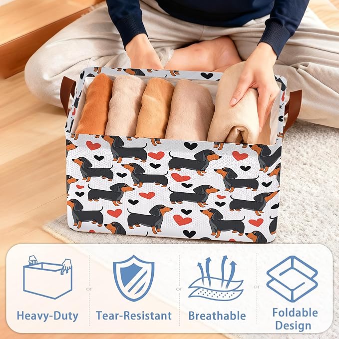 Dachshund Storage Basket,Red Heart Collapsible Storage Bin Cubes for Living Room Bedroom Blankets Home Storage 17x11.5x10Inch