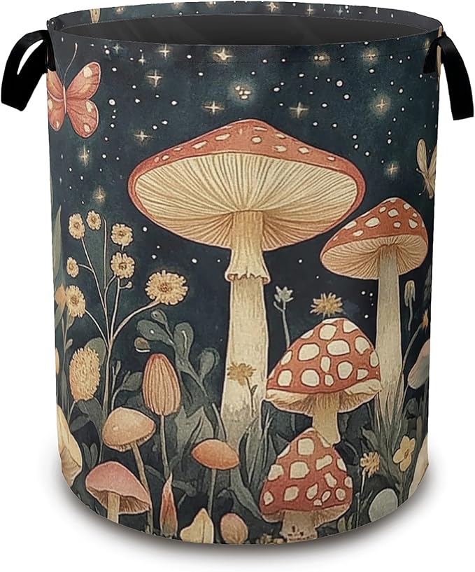 Fantasy Mushroom Laundry Basket,Butterfly Stars Collapsible Laundry Baskets with Handles,Waterproof Oxford Cloth Storage Basket 16"x20" for Bathroom/Bedroom/Dormitories