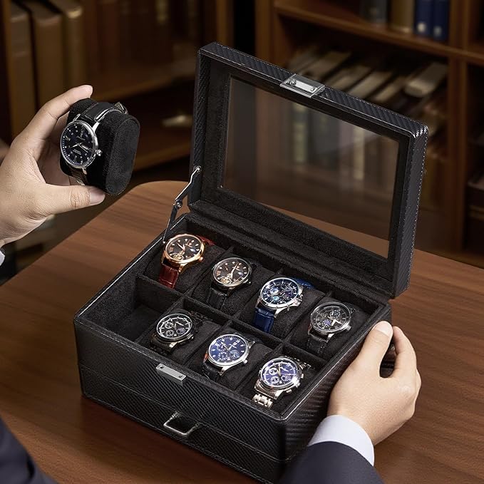 ProCase Watch Box for Men, Jewelry Organizer Box with Drawer, Display Storage Case with Glass Lid -AllBlack, 8 Slot