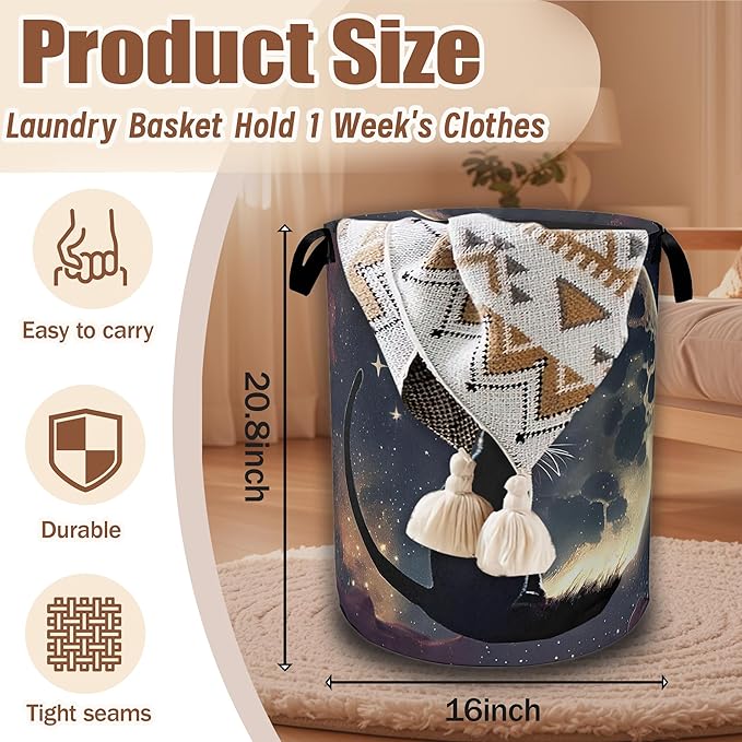 Black Cat Laundry Hamper,Moon Night Collapsible Laundry Baskets Waterproof Oxford Cloth With Handles,Clothes Storage Bucket Toy Organizer For Bathroom/Nursery/Bedroom 16" x 20.8"