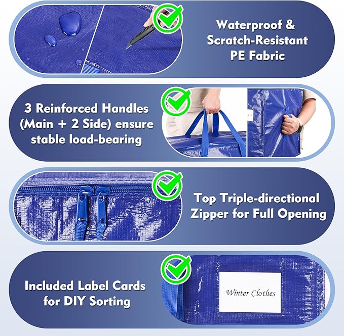 KYODOLED 6 Pack Extra Heavy Duty Blue Moving Bags - Large Move In & Packing Bags for College Students, Sturdy Storage Totes with Strong Zipper & Comfortable Handles for Clothes Storage
