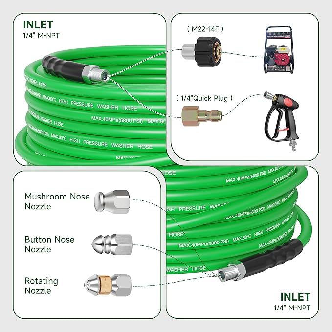 ClearRush Sewer Jetter Kit for Pressure Washer 100FT – 5800PSI High-Pressure Drain Cleaner, M22 & 1/4'' NPT Universal Fit, Unclog Gutters & Sewer Lines, Durable Jetter Hose for Homeowners & DIYers