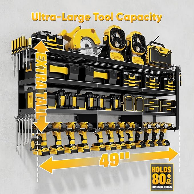 POKIPO 49" W Large Power Tool Organizer Wall Mount, 4 Layer Heavy Duty Loads 800 lbs, Tool Rack Holds 12 Cordless Drills, Large Capacity Battery Holder for Garage Storage, Christmas Gift for Men