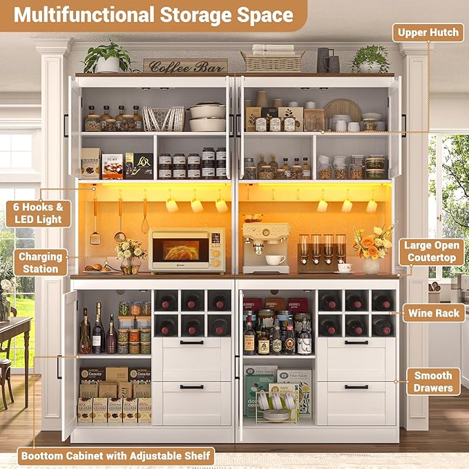 Unikito 72" Tall Pantry Cabinet, Kitchen Pantry Storage Cabinet with LED Light & Outlet, 63" Wide Kitchen Hutch Bar with Microwave Stand, Drawers, Wine Rack & Shelves, Cupboard for Dining Room, White