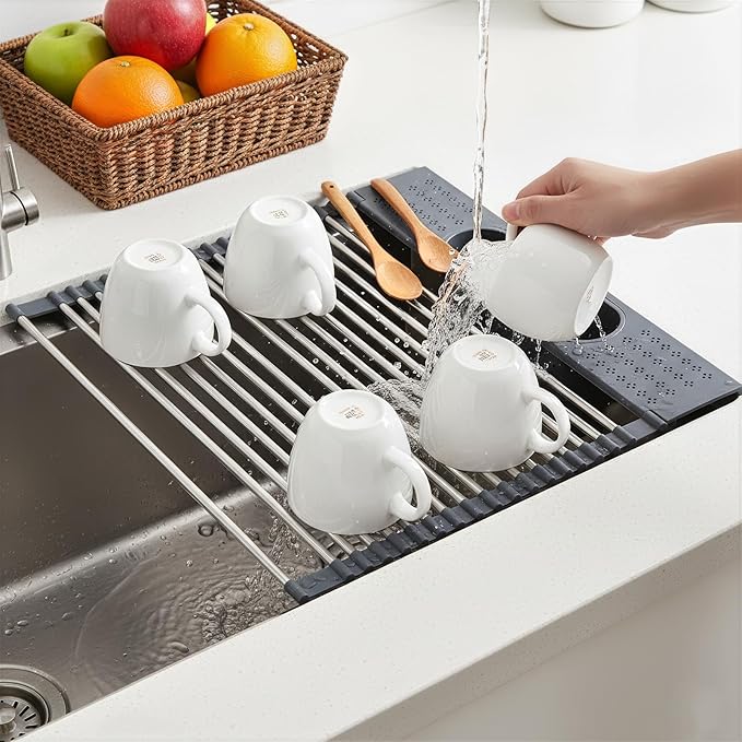 KEGFRES Roll Up Dish Drying Rack Over Sink, 17.5" x 15.2" Foldable SUS304 Stainless Steel Kitchen Dish Drainer, Heat-Resistant Multipurpose Rolling Sink Rack Organizer,Grey