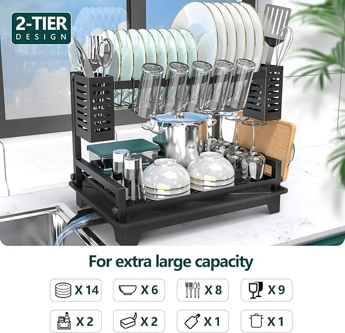 B-Land Dish Drying Rack: 2 Tier Dish Racks for Kitchen Counter and Sink - Large Dish Drying Rack with Drainboard & Utensil Holders - Stainless Steel Dish Drainers Kitchen Organization and Storage