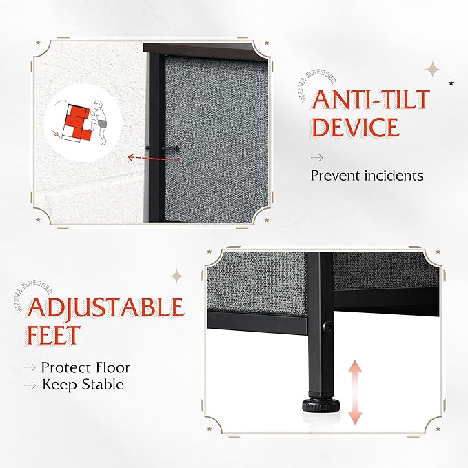 WLIVE Fabric Dresser for Bedroom with Open Shelves, Tall Dresser with 8 Drawers, Storage Tower with Fabric Bins, Chest of Drawers for Closet, Living Room, Hallway, Charcoal Gray