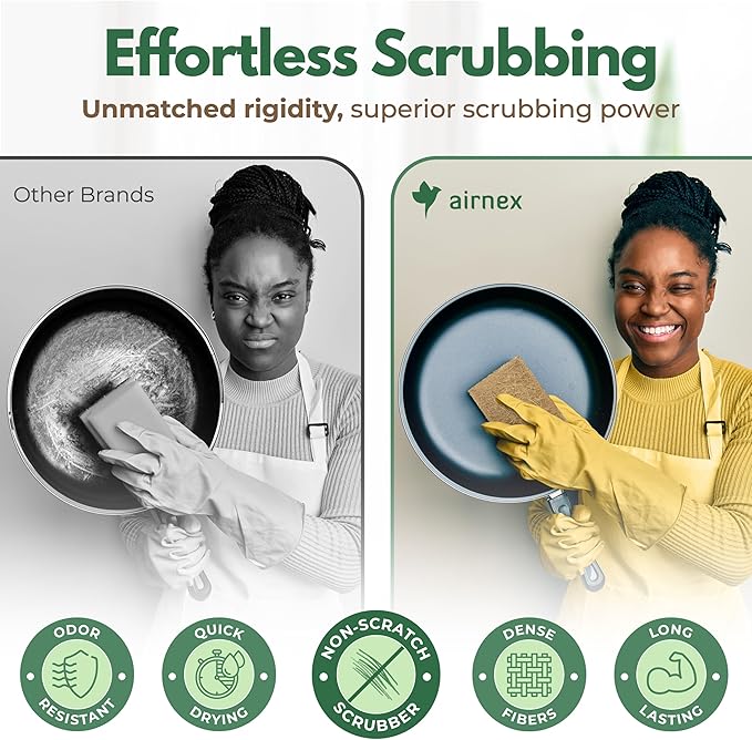 AIRNEX Plant Based Scouring Pads - Pack of 12 Coconut Husk Non Scratch Scrubbing Pads for Dishes - Multipurpose Dish Scrubbers for Cleaning - Heavy Duty Kitchen Scrub Pads for Dishes, Pots and Pans