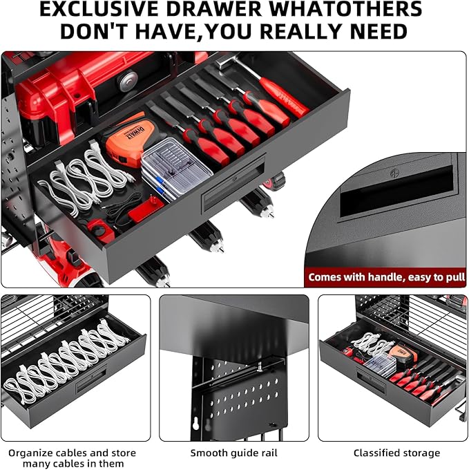 SEENWUUN Power Tool Organizer Wall Mount with Charging Station, 4 Layers Storage Rack with 6 Drill Holders & Battery Storage, Cordless Tool Organizer with Drawers for Garage, Workshop & Tool Room