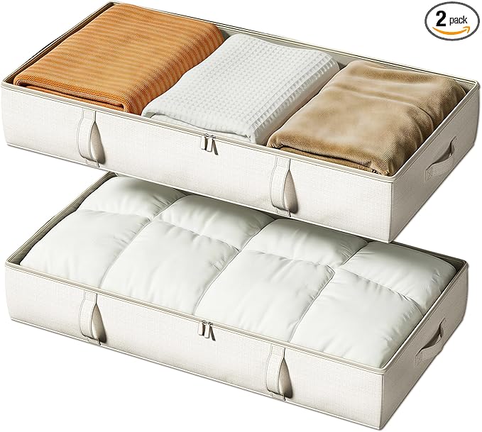 TidyCorner 2-Pack Under Bed Storage, 6 Inches Tall Closet Organizers and Storage Bins with Sturdy Sidewalls/Bottom/4 Handles, Beige
