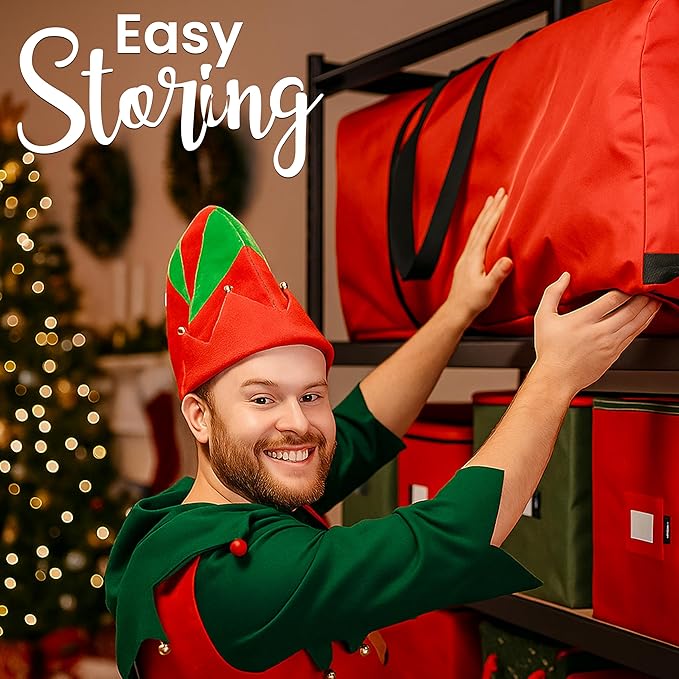 QUENTRO Heavy Duty Christmas Tree Storage Bag - Fits Up to 9ft Tall - Waterproof 600D Polyester Xmas Tree Bag with Reinforced Handles & Secure Zipper – Foldable Durable Holiday Storage Solution (Red)