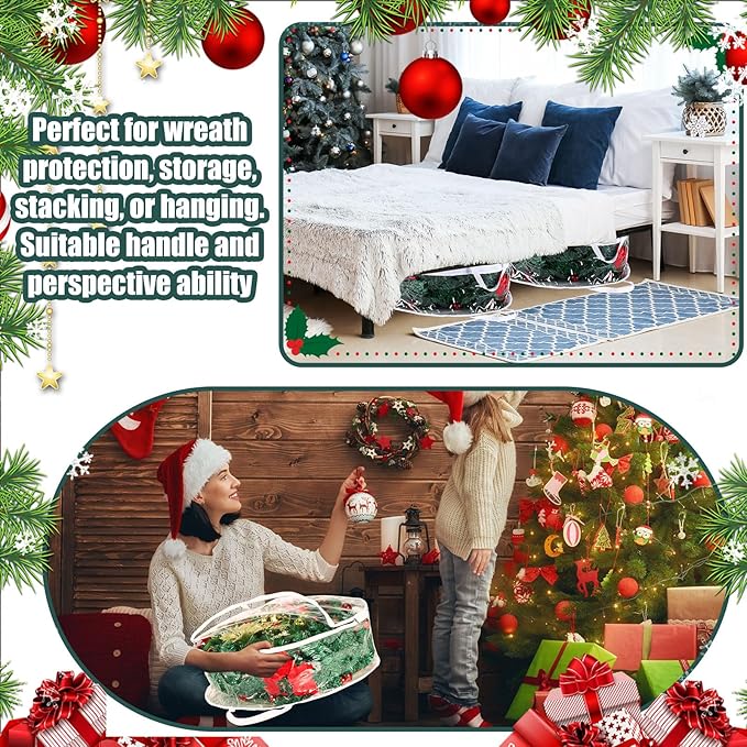 Shappy 14 Pieces Clear Christmas Wreath Storage Container 24 Inches Xmas Wreath Storage Bag Plastic Christmas Garland Container with Dual Zippers and Reinforced Handles for Xmas Seasonal (Clear)