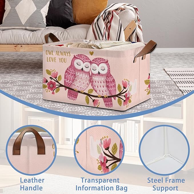 Pink Owl Storage Baskets,Flowers Foldable Organizer Bin with Handles for Home Living Room Bedroom Closet Box 17x11.5x10Inch