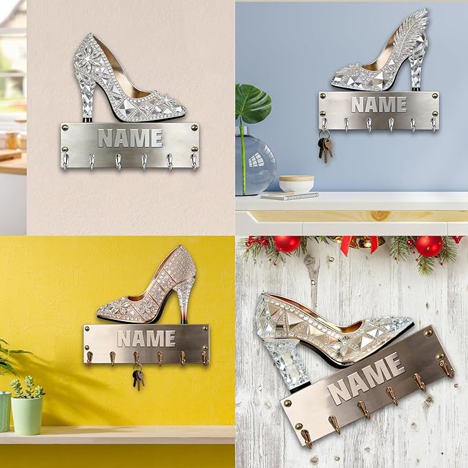 Personalized Wooden 2D Flat Print High-Heeled Shoe Wall Mounted Hook for Women Girl Family Friends Custom Name Key Storage Holder High-Heeled Shoe Coat Rack Home Dexor Gift for Living Room Hallway