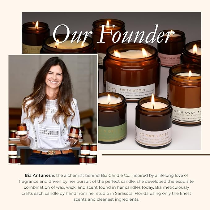 Bia Candle Co Soy Blend Candle, Vanilla & Sandalwood with Sweet Orange – Long-Lasting Clean Burn, Lead-Free Wick, Brown Glass Jar with Gold Lid – Amber Santal, 7 oz