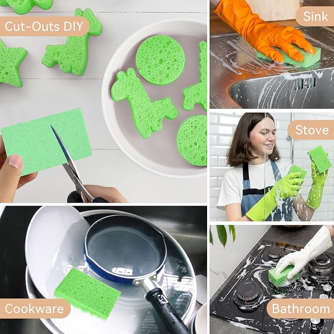 Mkobon 6 Pcs Kitchen Sponges for Dishes Cleaning, Non Scratch for Non Stick Cookware, Compressed Natural Cellulose Sponges, Dish Washing Scrubbers, Scrubbing Pads for Household, Bathroom (Green)