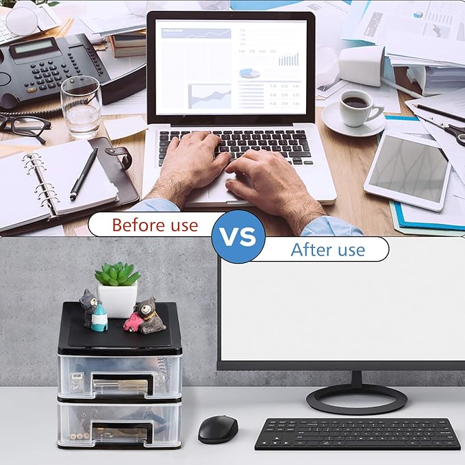 Wakauto 2-Tier Clear Desktop Organizer with Drawers -Stackable Storage Box for Makeup,Office Supplies & Crafts,Modern Black Frame and Transparent Design 8.4"X5.9" X 5.1"