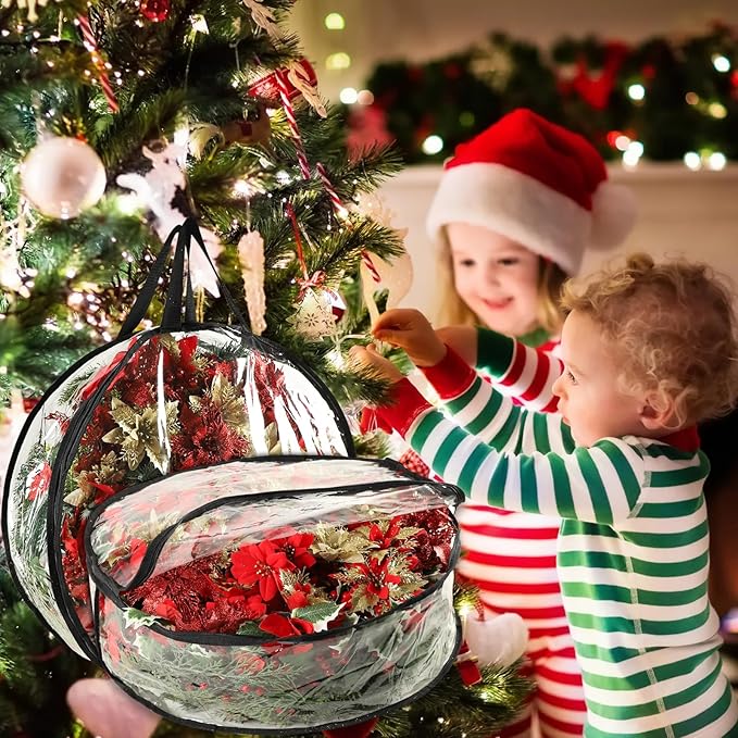4 Pcs Christmas Wreath Storage Bag, 24 Inch Clear Black Edging Xmas Wreath Storage Container, Garland Holiday Artificial Wreath Storage Holder, Water Proof Transparent PVC with Handles