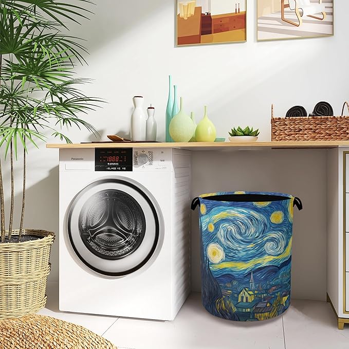 Starry Night Moon Laundry Basket,Village Oxford Cloth Laundry Hamper with Handle Foldable Portable Clothes Storage Basket for Bathroom Bedroom Dorm Room 16" x 20.8"