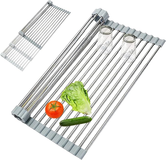 HAYAWEY Expandable Roll-UP Dish Drying Rack-Large 304 Stainless Steel Dish Drainer Over The Sink for Kitchen Countertop,Extendable & Rollable & Food Grade (Silver,22.08'x 13.2')