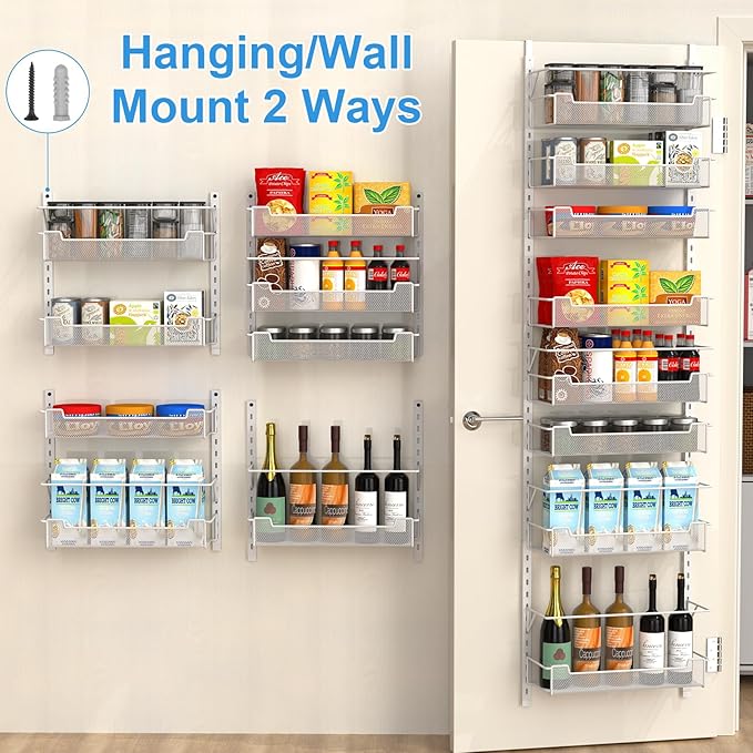 VyGrow Over the Door Pantry Organizer, 8-Tier Over the Door Organizer with Adjustable Basket, Pantry Door Organization for Pantry Kitchen Storage Room Spice Rack, White