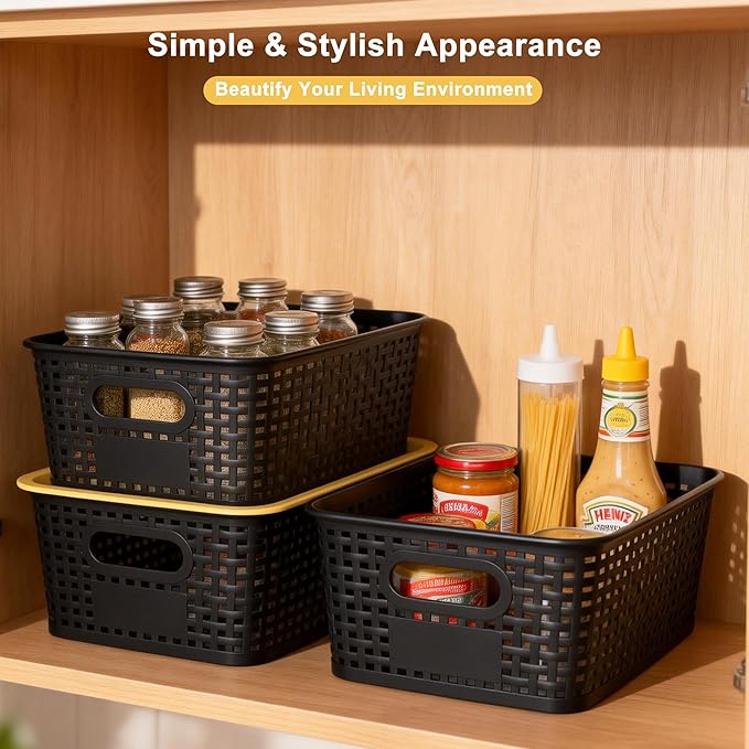 AREYZIN Small Plastic Storage Bins with Lids, 6-Pack Stackable Pantry Organizers and Storage Containers for Shelves, Closet Organization, Drawer Organizer Bins, Black & yellow lids