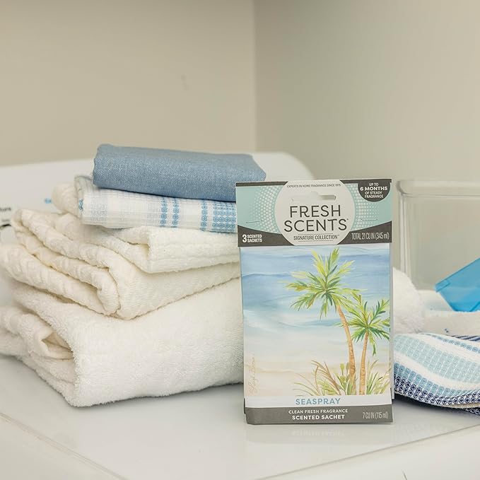 Fresh Scents Scented Sachets | Seaspray | Home Fragrance | Long Lasting (Up to 6 Months) | Air Freshener for Closets, Drawers, & Cars | 6 Pack