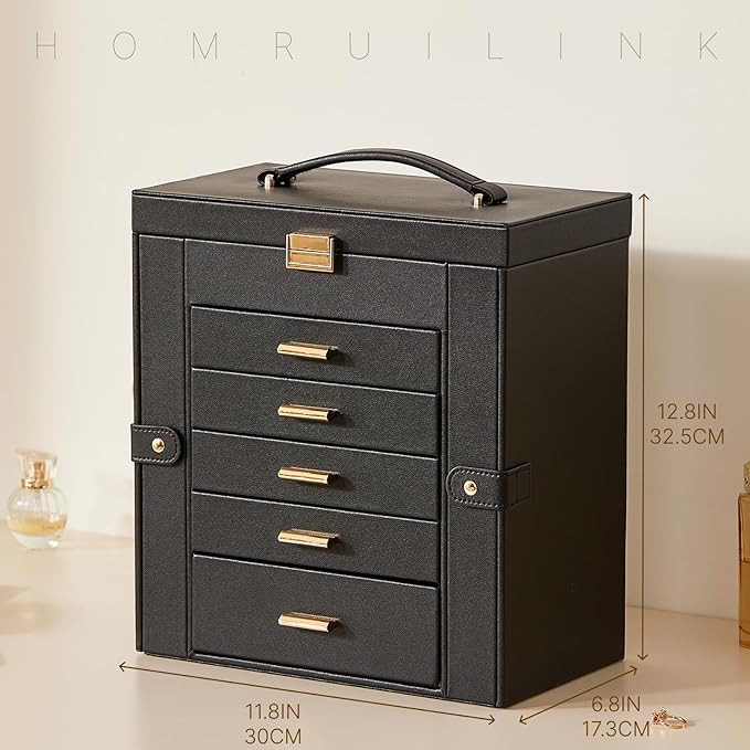 Large Leather Jewelry Box Organizer 6 layer Jewelry Storage Case for Women Girls Ring Necklace Earring Bracelet Holder with Mirror Valentine's Day Gift(Black)