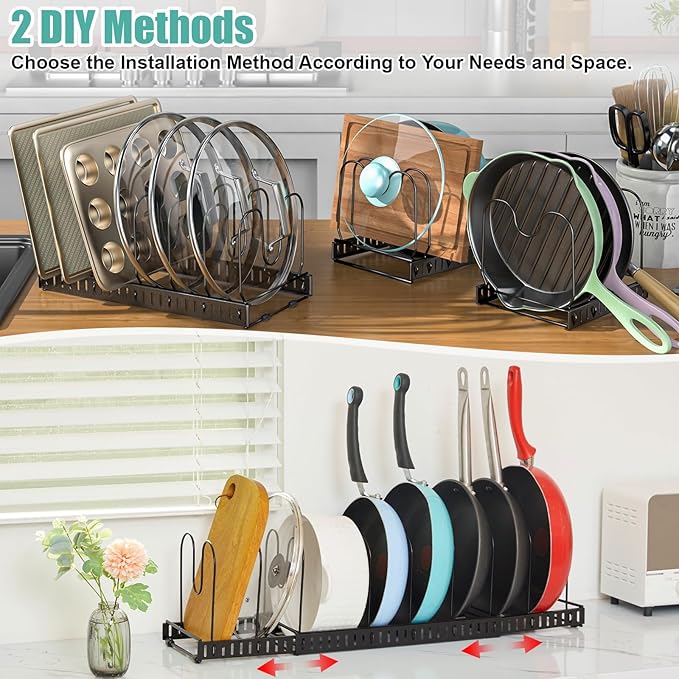 X-cosrack 15 Adjustable Dividers Pot and Pan Organizer Rack, 7" D x 32" W x 7.1" H, 3 in 1, Expandable Lid Bakeware Cupboard Rack Holder for Kitchen Cabinet Pantry Countertop, Black (Patent Pending)