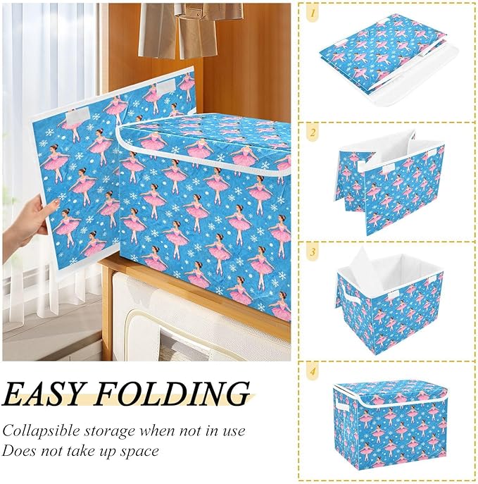 Christmas Ballet Dancer Snowflake Storage Bins with Lids Foldable Storage Basket with Handles Collapsible Large Fabric Organizer Containers for Clothes Shelves Closet Office Home