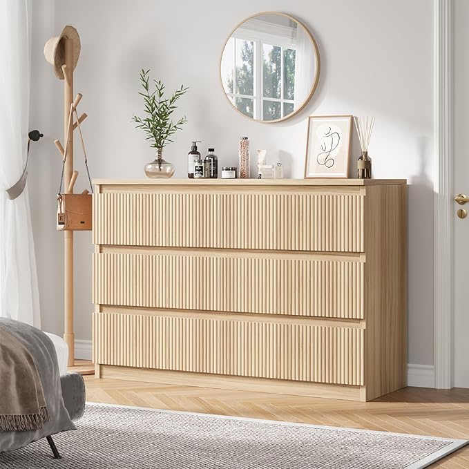 Oak 6 Drawer Dresser for Bedroom, Modern Fluted Dresser, Bedroom Dressers with Drawers, Large Double Wooden Chest of Drawers for Living Room, Hallway