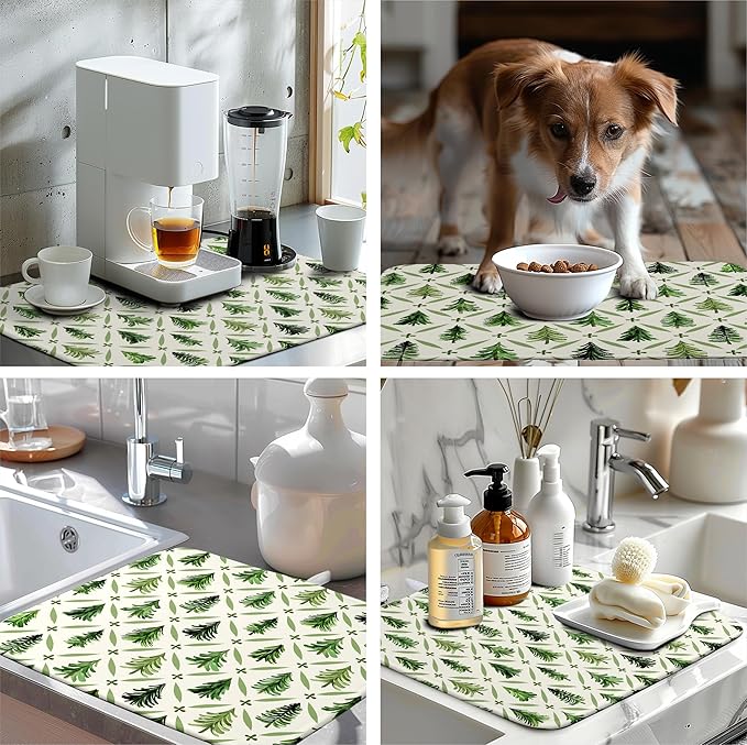 Wnoesat Christmas Dish Drying Mat for Kitchen Counter 18x24 Inch Sage Green Xmas Tree Drying Pad Winter Holiday Dish Draining Mat Microfiber Absorbent Dish Drainer Rack Mat for Coffee Bar