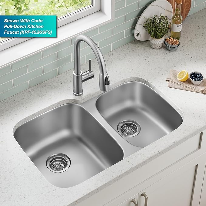 KRAUS Premier 32-inch Undermount 60/40 Double Bowl with Low Divider 18-Gauge Stainless Steel Kitchen Sink with Strainers (x2), KBU24