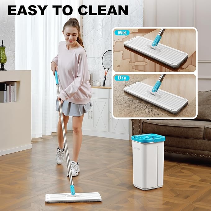 BEJOMOP Mop and Bucket Set with Wringer, Turquoise-Cyan Wall Mop Cleaner with Long Handle, Squeeze Flat Mop and Bucket System, Dry & Wet Dust Mop for Household Floor Cleaning with 2 Microfiber Mops