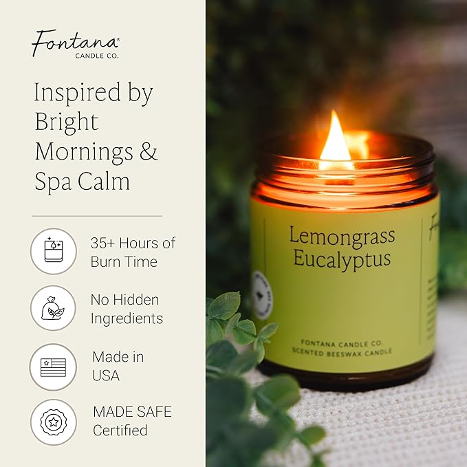 Fontana Candle Co Wood Wick Beeswax Jar Candles, Lemongrass Eucalyptus - Made with Coconut Oil & Pure Essential Oils – Clean Burn, Long Lasting and Non-Toxic Candles for Home & Room Decor