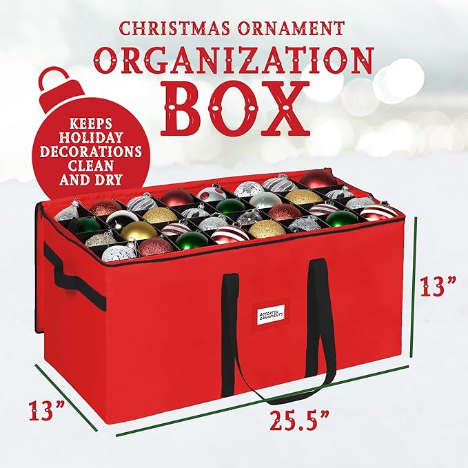 Christmas Ornament Storage Container,Box Stores Up to 128-3 inch ornaments, Adjustable Dividers, Large Organizer Bin to Protect and Store Holiday Décor - Red