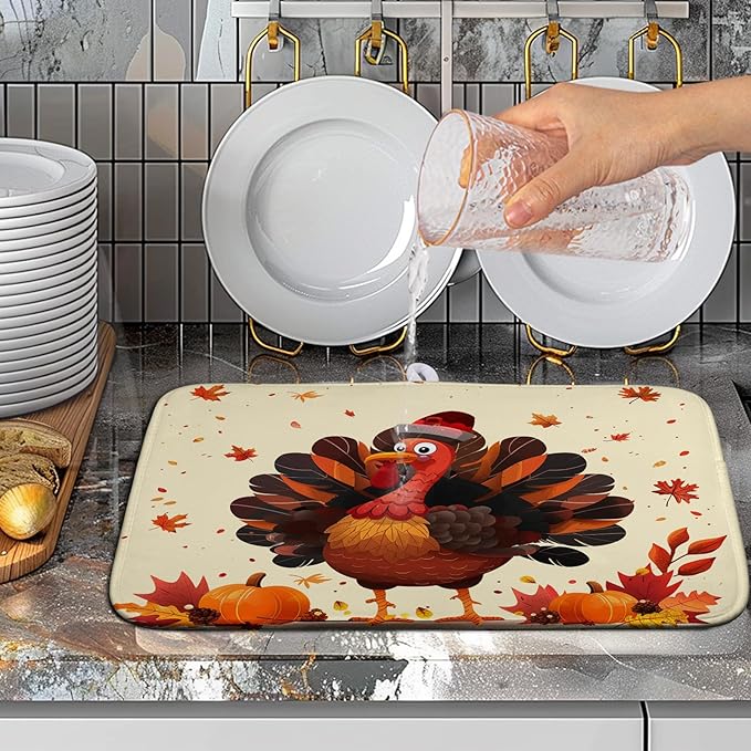 Wnoesat Thankgiving Dish Drying Mat for Kitchen Counter 16x18 Inch Fall Orange Turkey Maple Leaf Pumpkin Absorbent Microfiber Dish Rack Mat Autumn Thankgiving Dish Drying Pad for Coffee Bar Sink