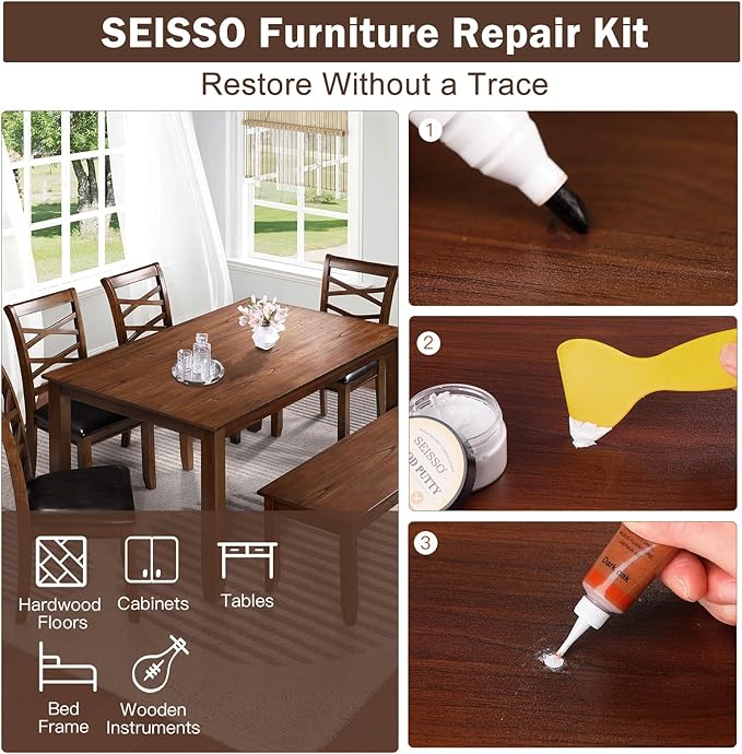 SEISSO Wood Furniture Repair Kit, 6 Colors Wood Fillers and Touch Up Markers, Wooden Putty, Wood Polish Wax for Repair Scratches, Stains, Cracks of Laminate, Door, Table, Cabinet, Floor