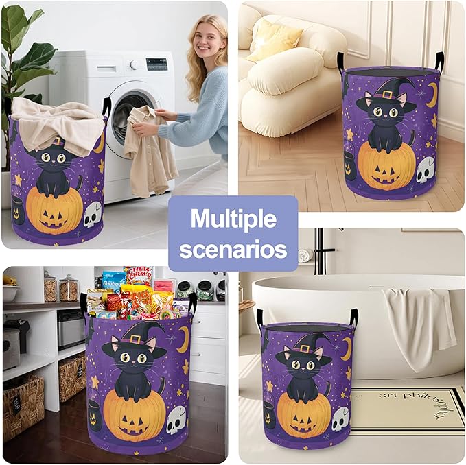 Laundry Basket,Halloween Cat Large Canvas Fabric Lightweight Storage Hamper Organizer Dirty Clothes Collapsible Waterproof for College Dorms,Bathroom