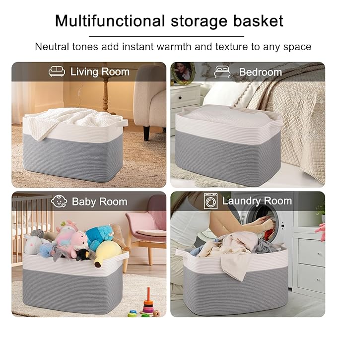OIAHOMY Extra Large Blanket Basket, 95L Woven Storage Basket, Cotton Rope Toy Bin for Baby Room, Container for Storage in Living Room, 24''×17''×14'', Grey & White