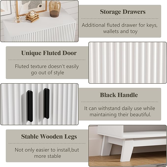 Shoe Cabinet Storage for Entryway with Doors, 4 Tier Fluted Shoe Organizer with 2 Drawers, Entryway Shoe Storage with Adjustable Shelves, Freestanding Hidden Shoe Rack for Front Door Entrance, White