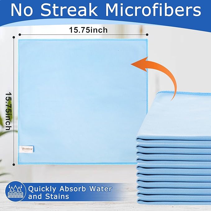 iDeaology 10 Pack XL Streak Free Premium Microfiber Glass Cleaning Cloth, 16 Inch X 16 Inch, Lint Free Quickly Clean TV, Monitor, Window, Glasses, Windshields, Mirrors, Car Windows, Stainless Steel,