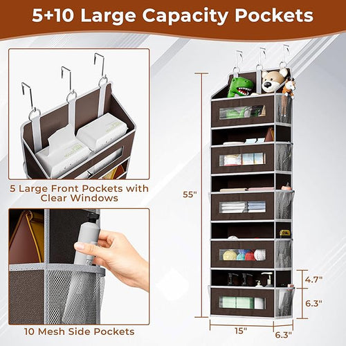 2 Packs 5-Tier Over the Door Storage Organizer with 10 Side Mesh Pockets, 48 lbs Load Capacity, 3 Hooks Design, Hanging Organizer with Clear Windows for Bathroom, Bedroom, Nursery, Kitchen-Brown