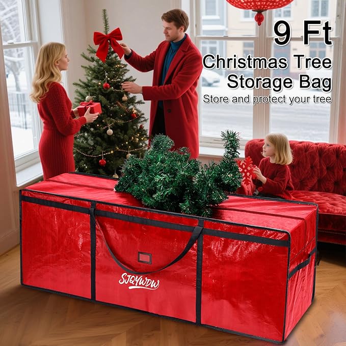Christmas Tree Storage Bag 9ft, Heavy Duty Artificial Xmas Bag with Reinforced Handles, Dual Zippers Wide Opening, Two Mesh Pockets, PE Large Storage Container for Decorations Trees (Red)